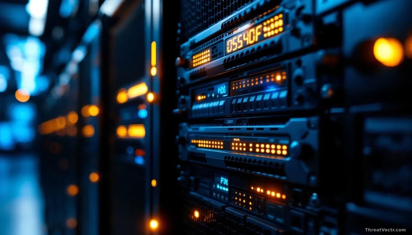 Illustration: a rack-mounted enterprise email security appliance in a dim server room, status LEDs glowing amber