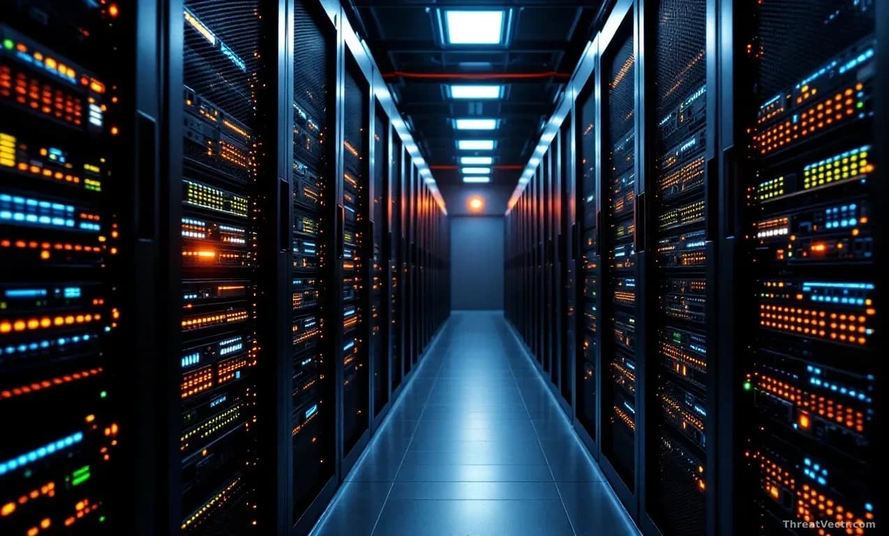 Illustration: A large black server rack filled with blinking network hardware in a dimly lit data centre