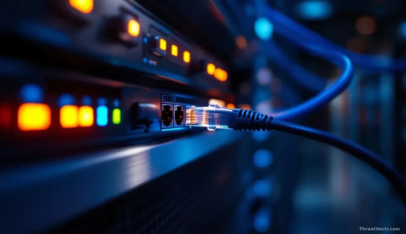 Illustration: a dimly lit server rack in a data centre, blue and amber indicator LEDs reflecting off brushed metal