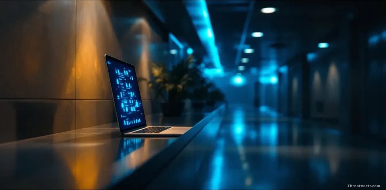 Illustration: a dimly lit government building corridor at night in a Central Asian architectural