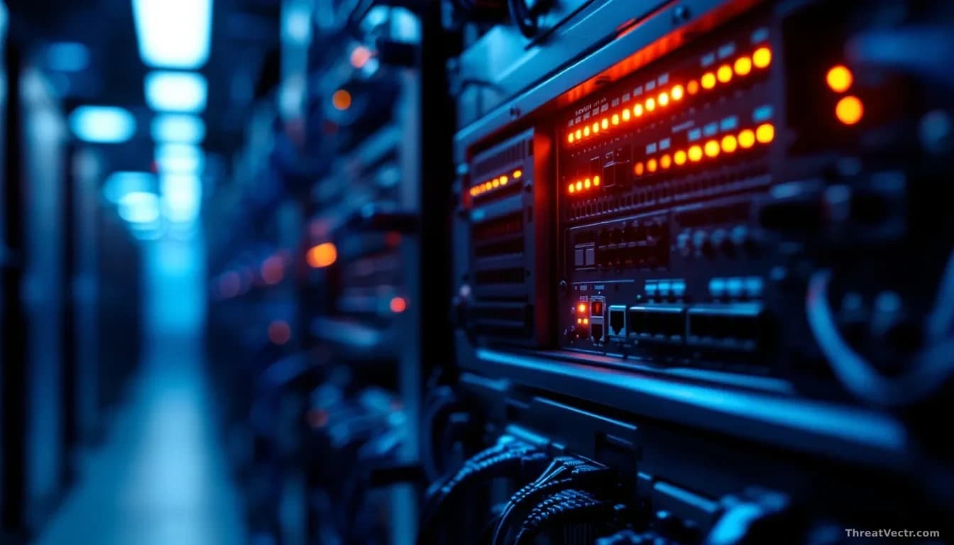 Illustration: a rack-mounted enterprise network firewall appliance glowing with amber status LEDs in a dim server room