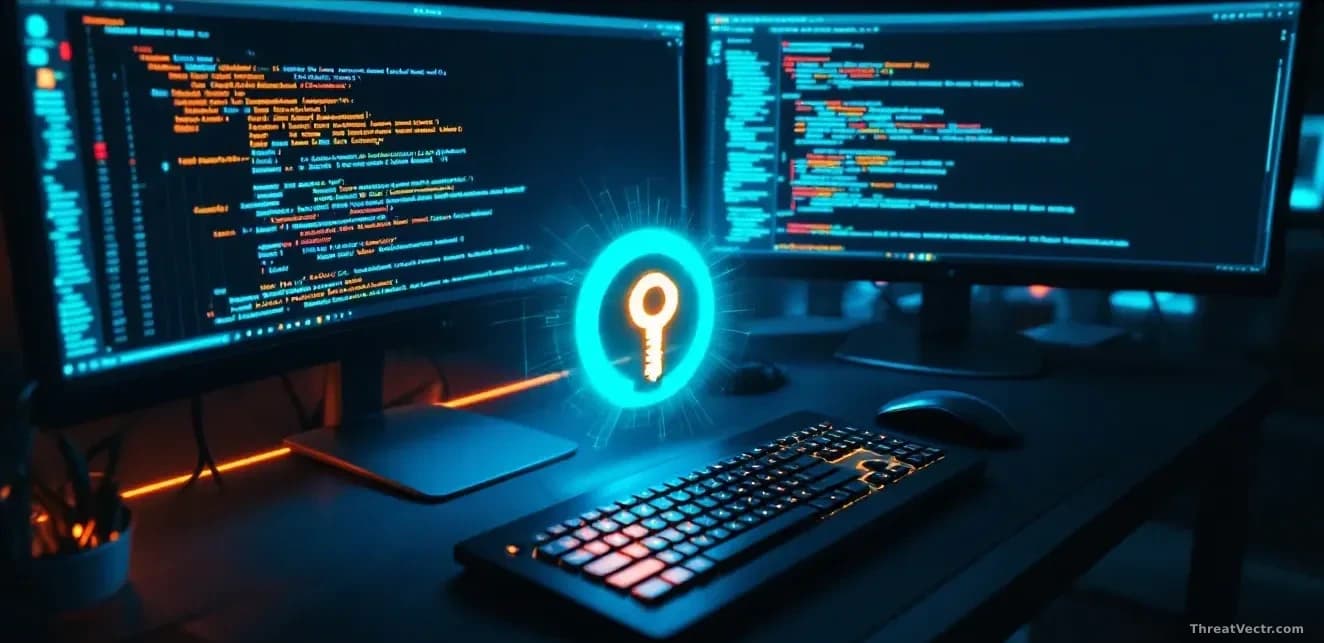 Illustration: a modern developer workstation at night, glowing blue terminal windows showing container registry commands