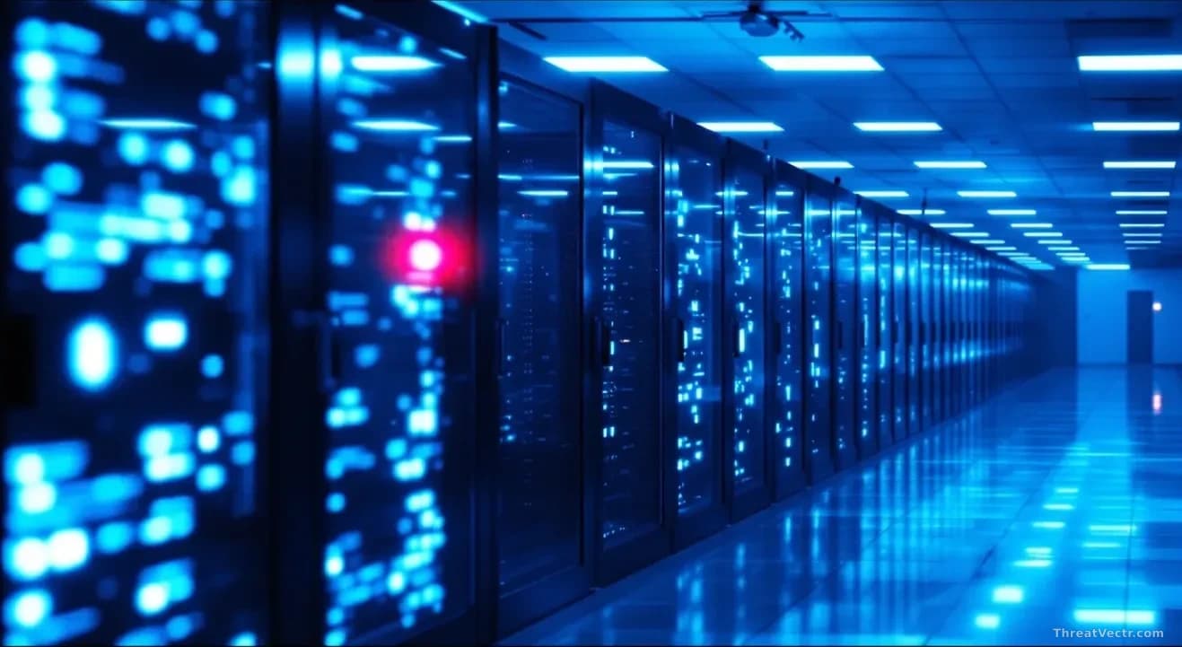 Illustration: A large server room bathed in cold blue light