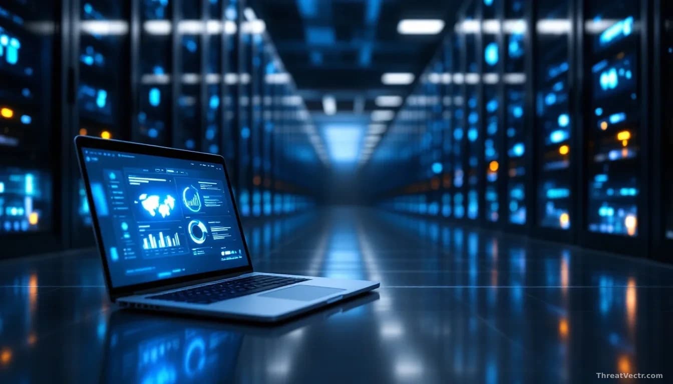 Illustration: a modern data centre aisle at night, cold blue server rack lights reflecting off a polished floor