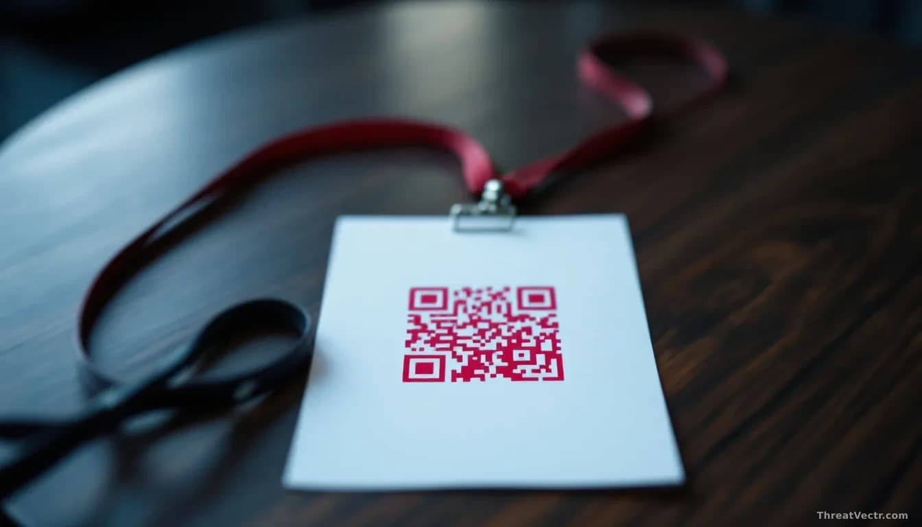 Illustration: a plain conference lanyard and a paper event poster on a dark wooden table