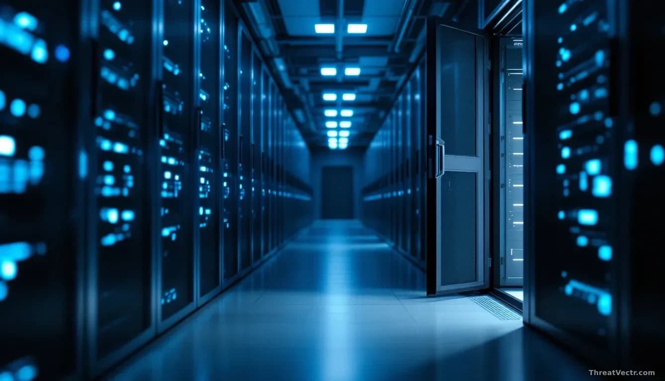 Illustration: a sterile server room corridor at night, rows of dark server racks with faint blue indicator lights