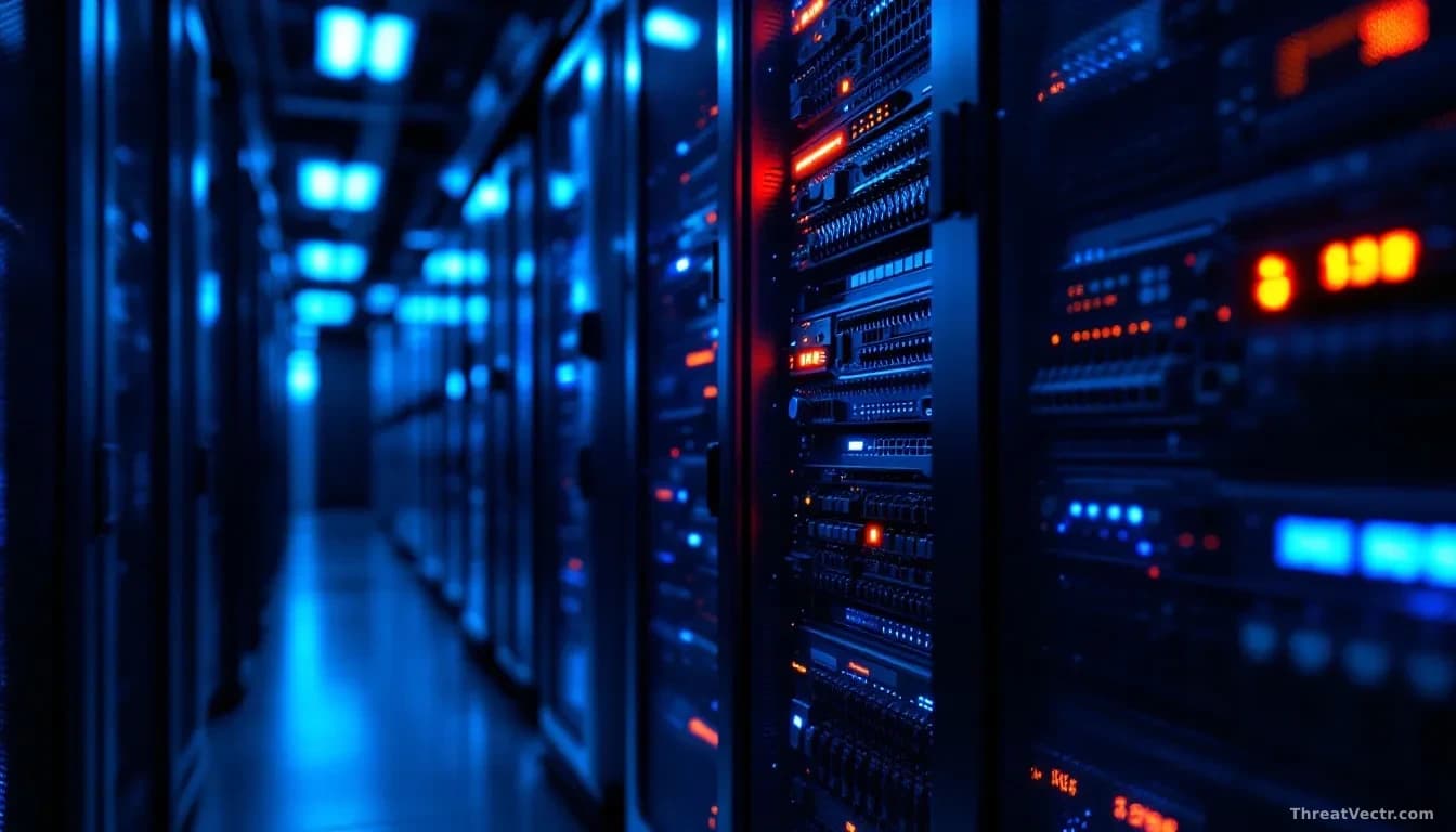 Illustration: a dimly lit server rack in a corporate data centre, one rack unit glowing amber red to signal a critical fault