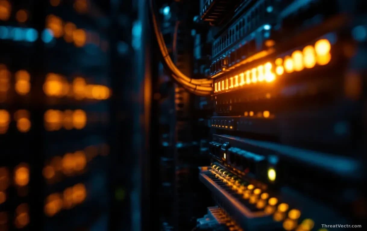 Illustration: an illuminated server rack in a dimly lit data centre