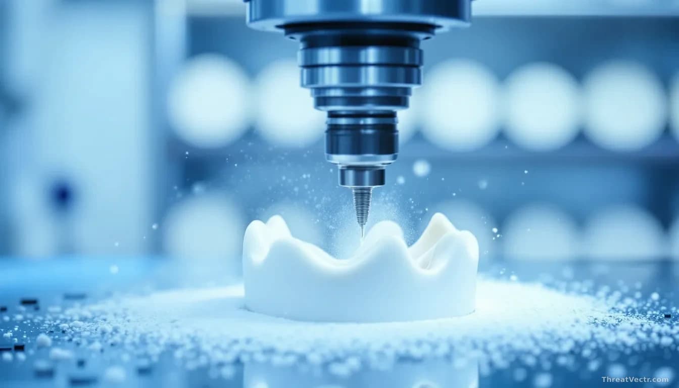 Illustration: a dental milling machine mid-operation cutting a white ceramic crown blank