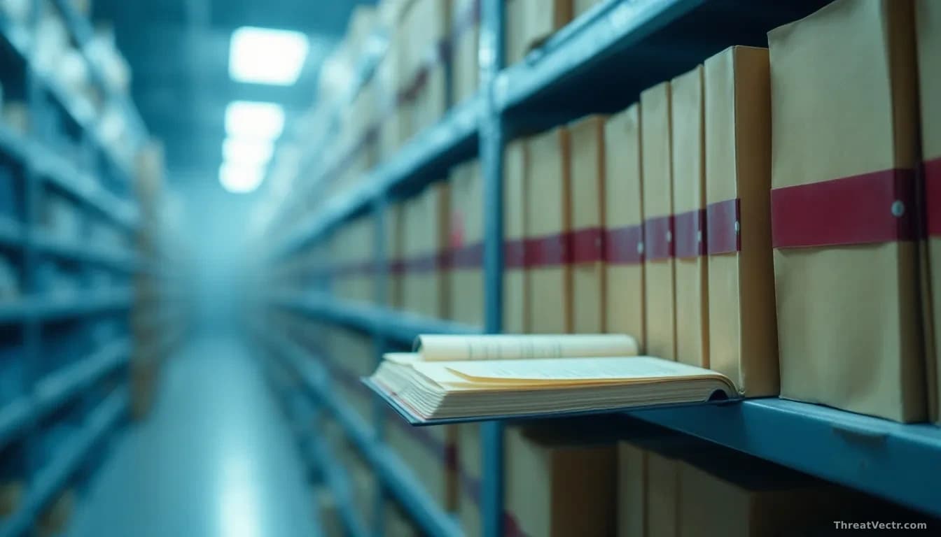 Illustration: a dimly lit UK government archive room