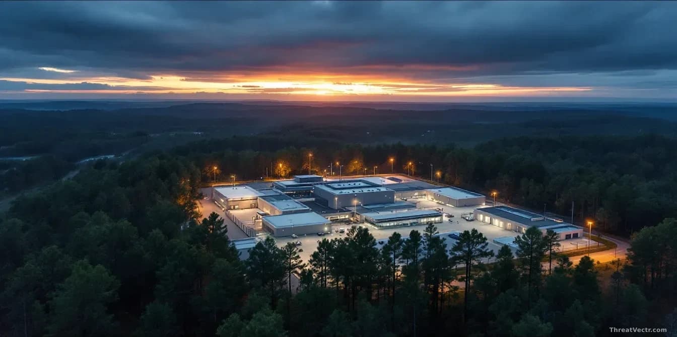 Illustration: a secure government research facility complex surrounded by pine forest in North Carolina at dusk