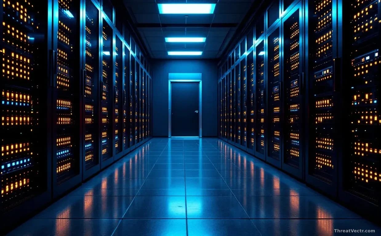Illustration: A dimly lit server room corridor with rows of blinking rack-mounted servers casting faint blue and amber light