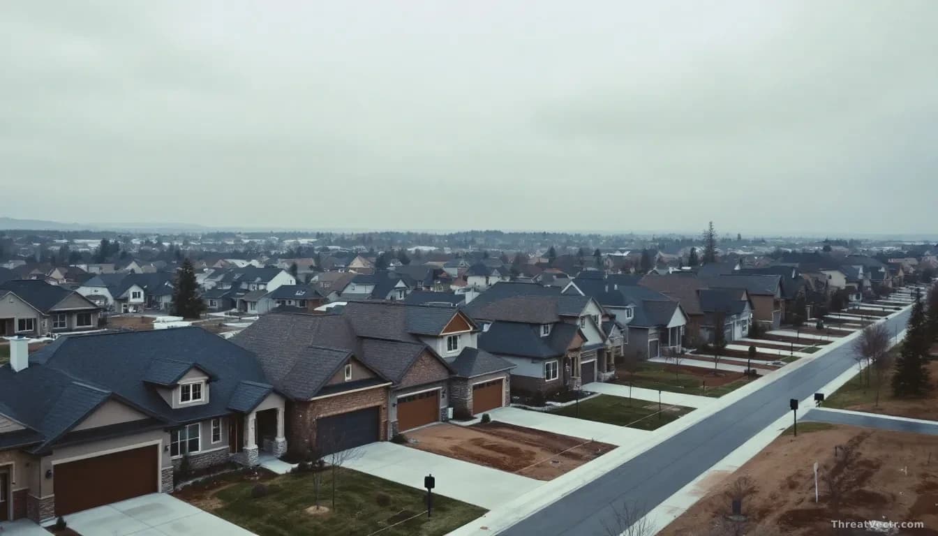 Illustration: a row of newly constructed suburban homes under a grey overcast sky, shot from slightly above and to the side