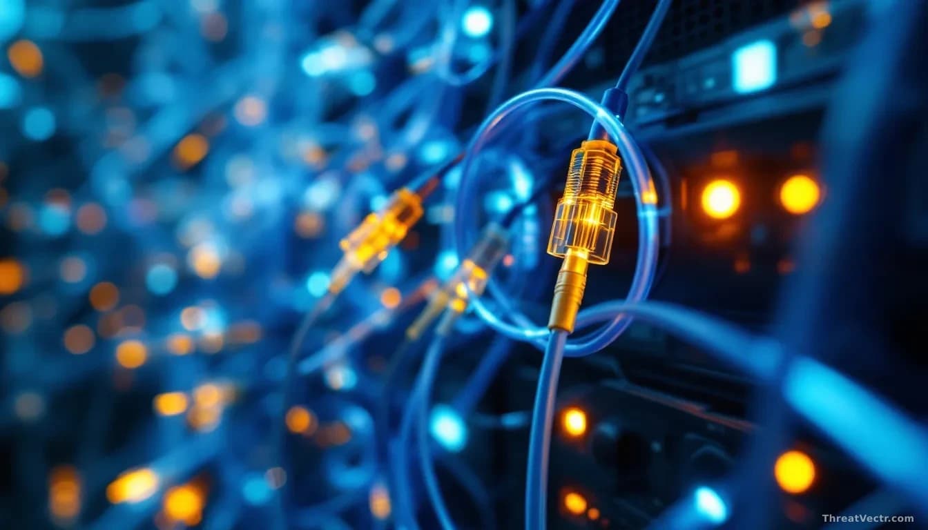 Illustration: tangled fiber optic cables glowing in deep blue and amber light against a dark server room background