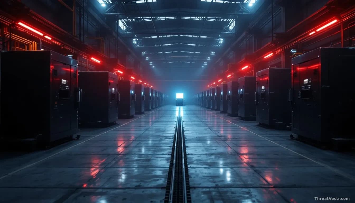 Illustration: A large steel manufacturing floor at night