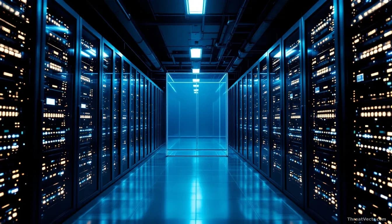 Illustration: a modern enterprise server room corridor at night