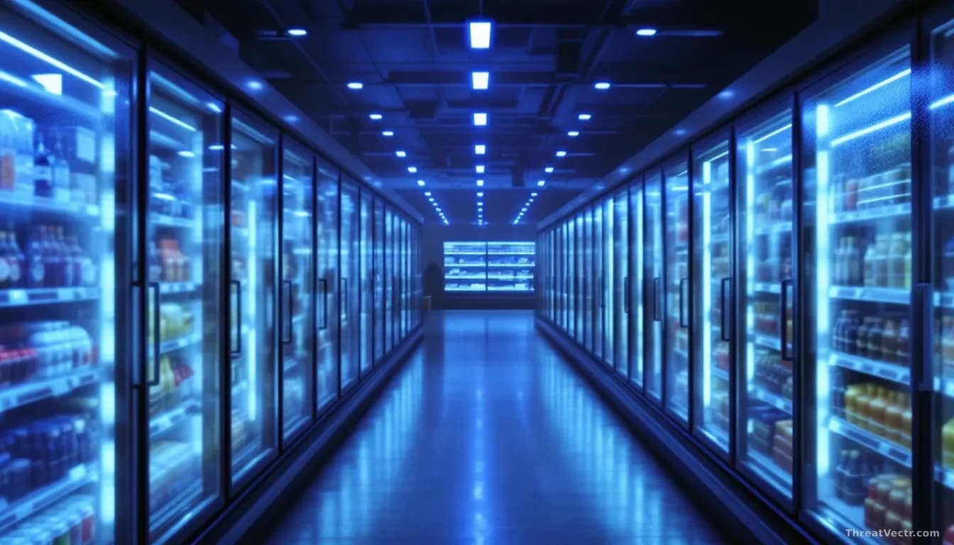 Illustration: shot looking down a dim supermarket chilled aisle at night, soft blue light from refrigerated cabinets