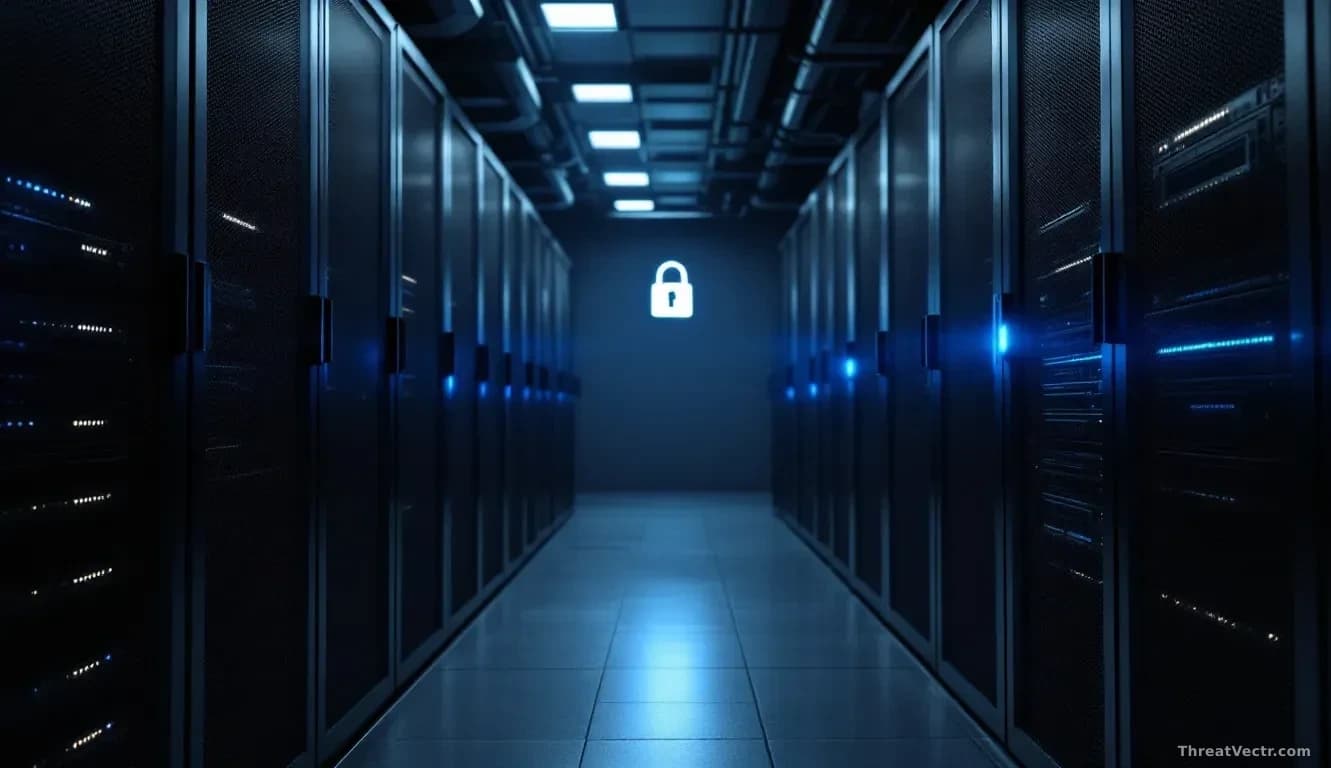 Illustration: a dark server room aisle with a single rack bay highlighted by a cold blue indicator light