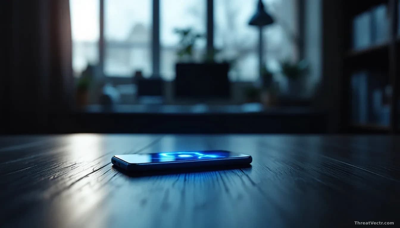 Illustration: a modern smartphone lying face-up on a dark wooden desk inside a dimly lit university office