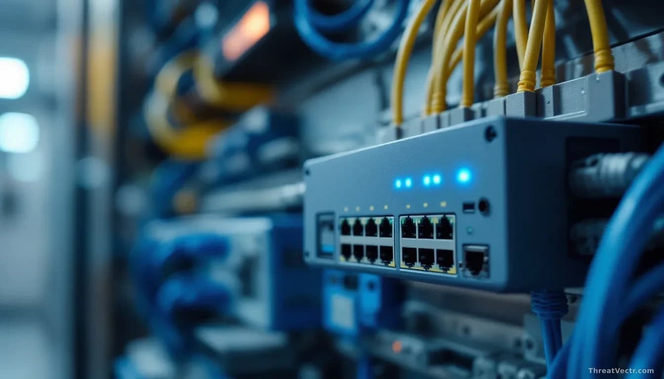 Illustration: a small grey industrial gateway device mounted on a DIN rail inside a utility control cabinet
