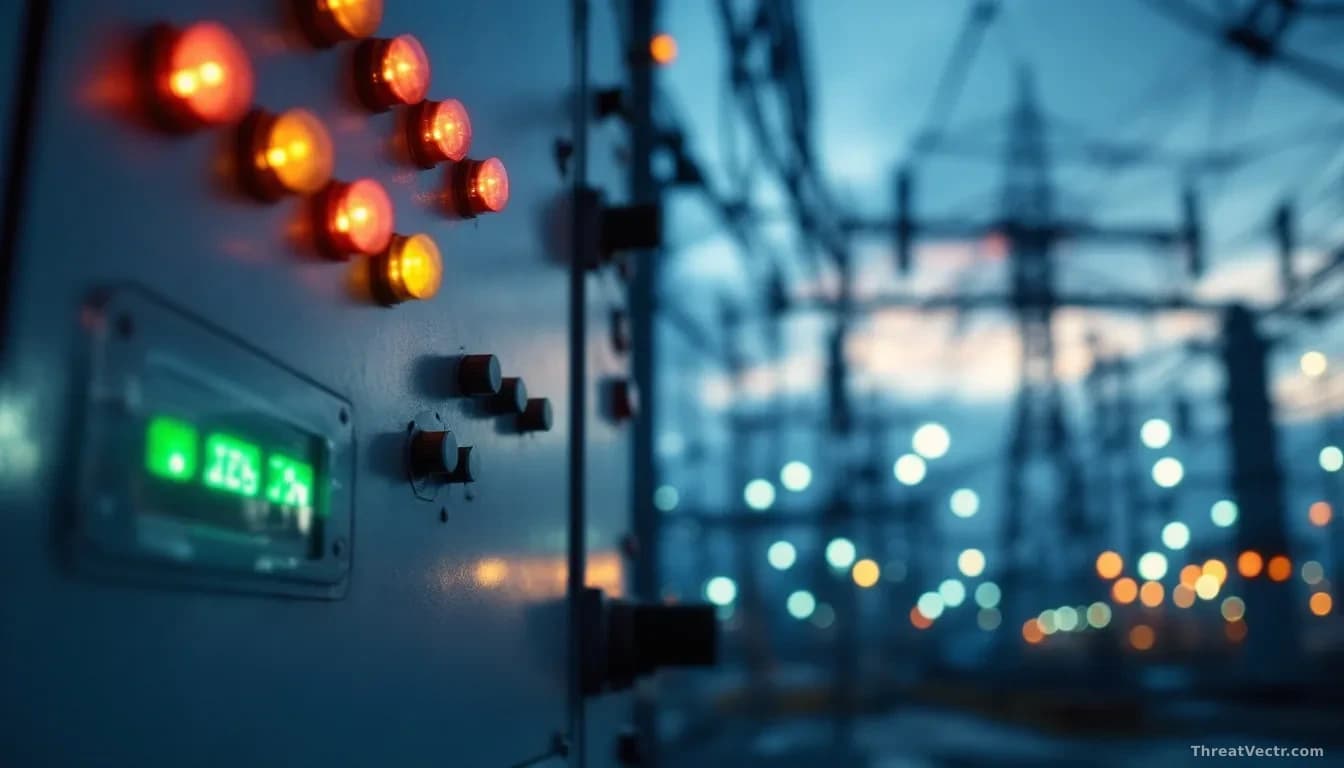 Illustration: view inside an electricity substation at dusk
