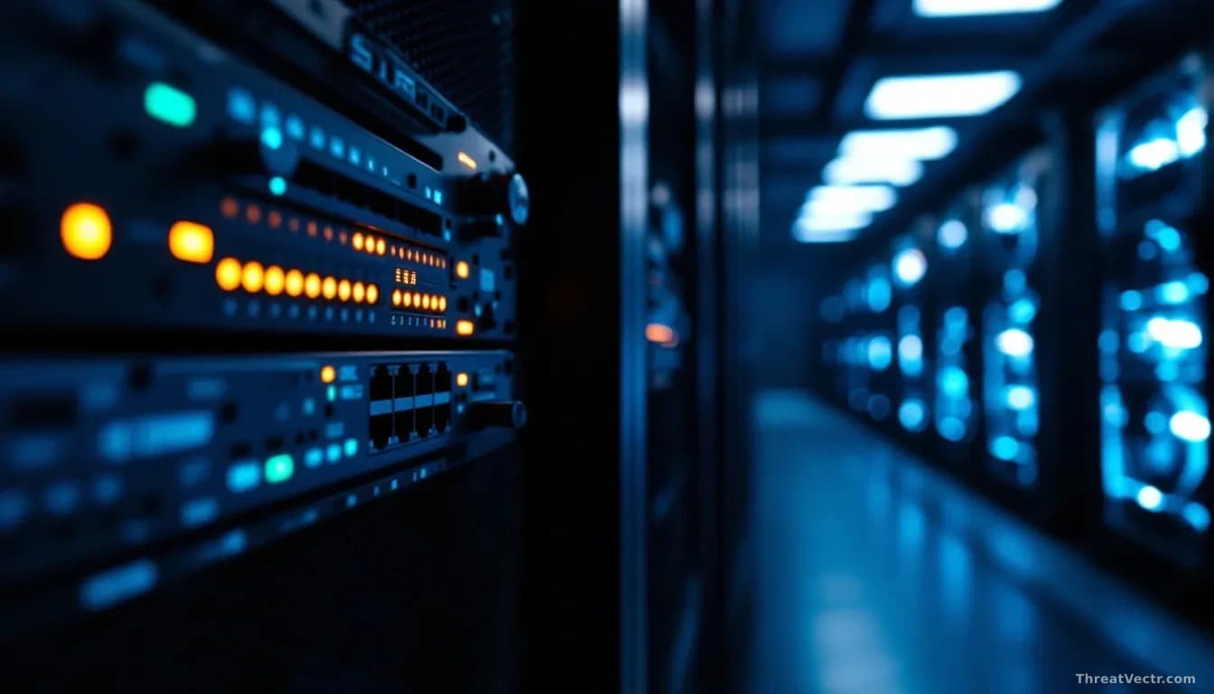 Illustration: a dim data centre aisle