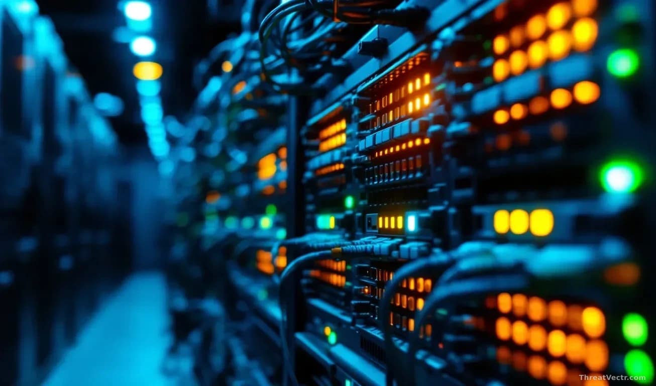 Illustration: a large enterprise network switch with rows of blinking amber and green status lights