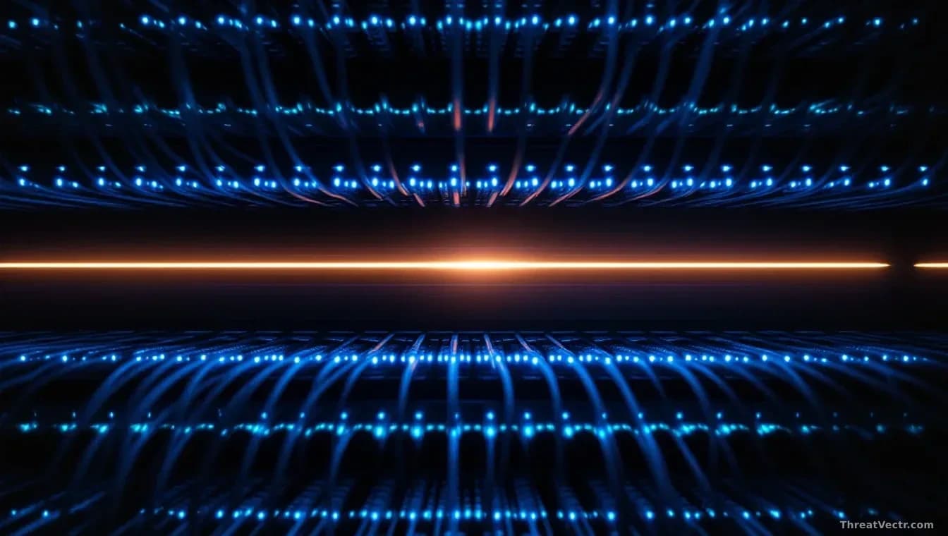 Illustration: a sleek server rack in a darkened data centre, with soft blue and green indicator lights glowing in tight rows