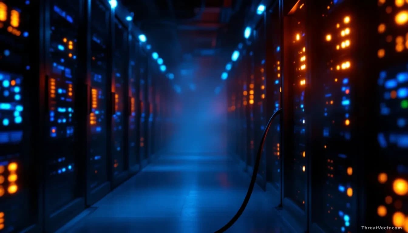 Illustration: a dim server room aisle at night, rows of rack units with blue and amber status LEDs