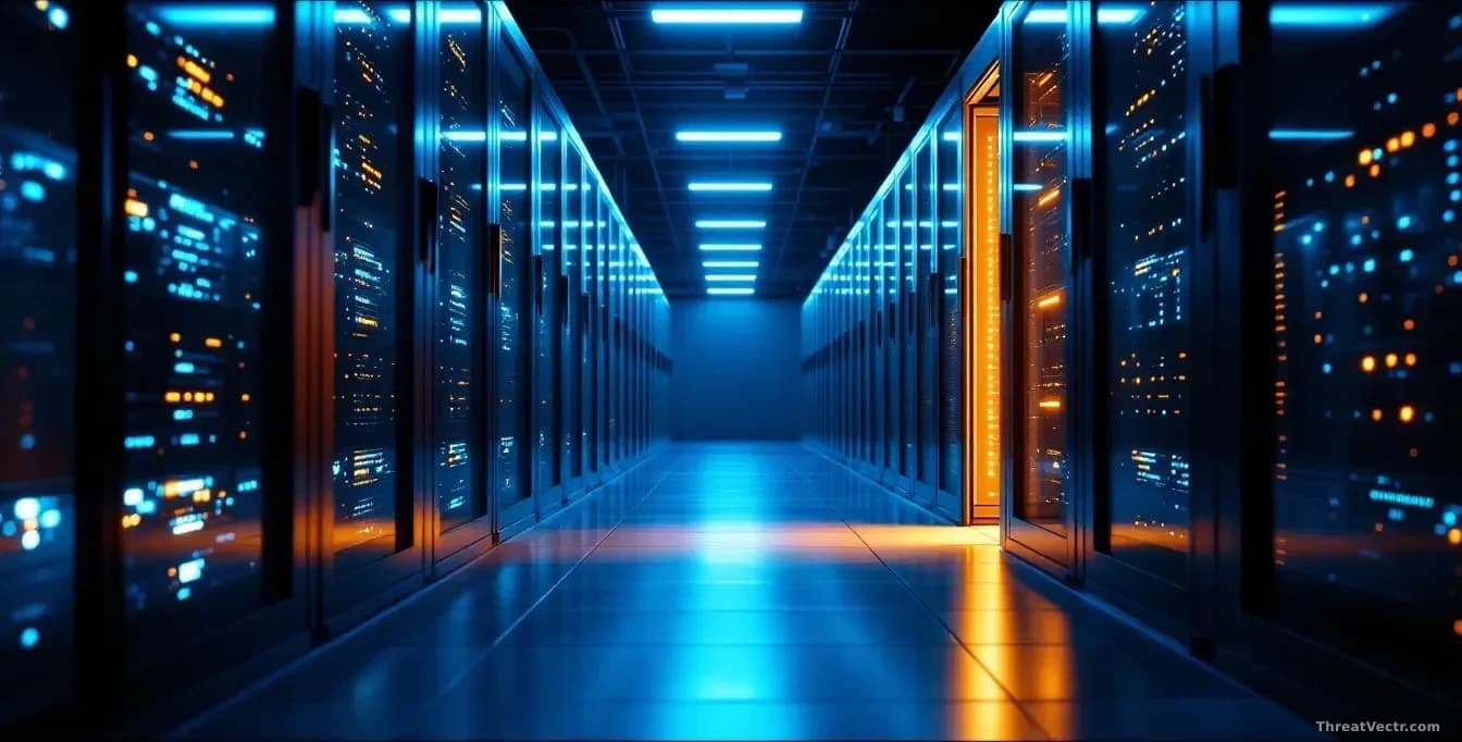 Illustration: a sterile data-center corridor at night