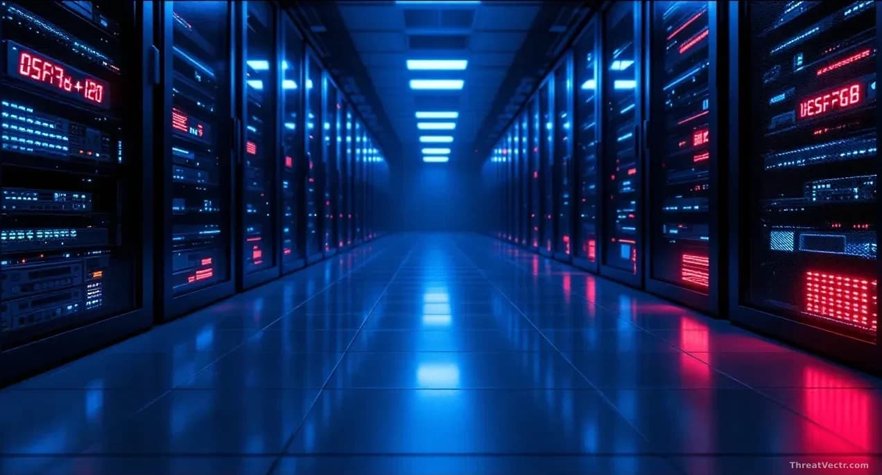 Illustration: a dim server room aisle lit in cool blue, with faint red warning glow reflecting off polished floor tiles