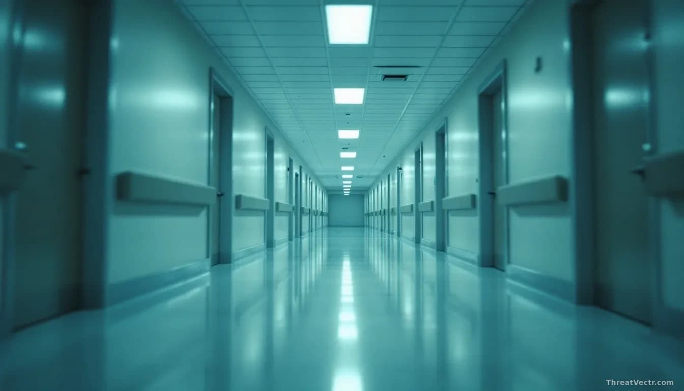 Illustration: A hospital corridor seen from floor level, long and empty