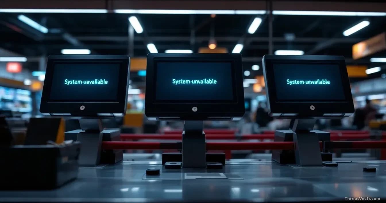Illustration: an empty supermarket self-checkout lane at night