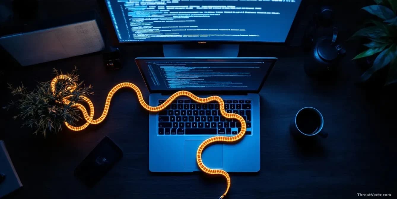 Illustration: a developer's dark wooden desk at night