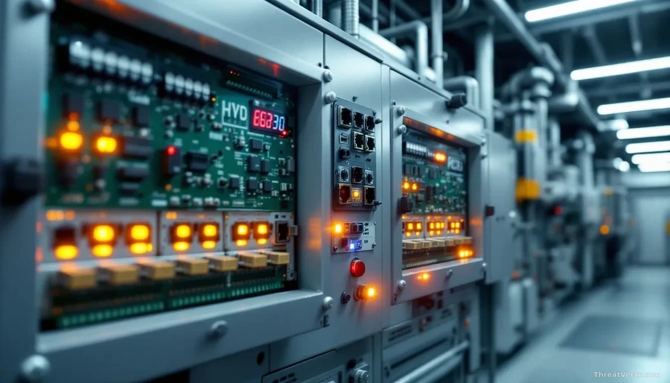 Illustration: an industrial building-automation control panel inside a mechanical plant room