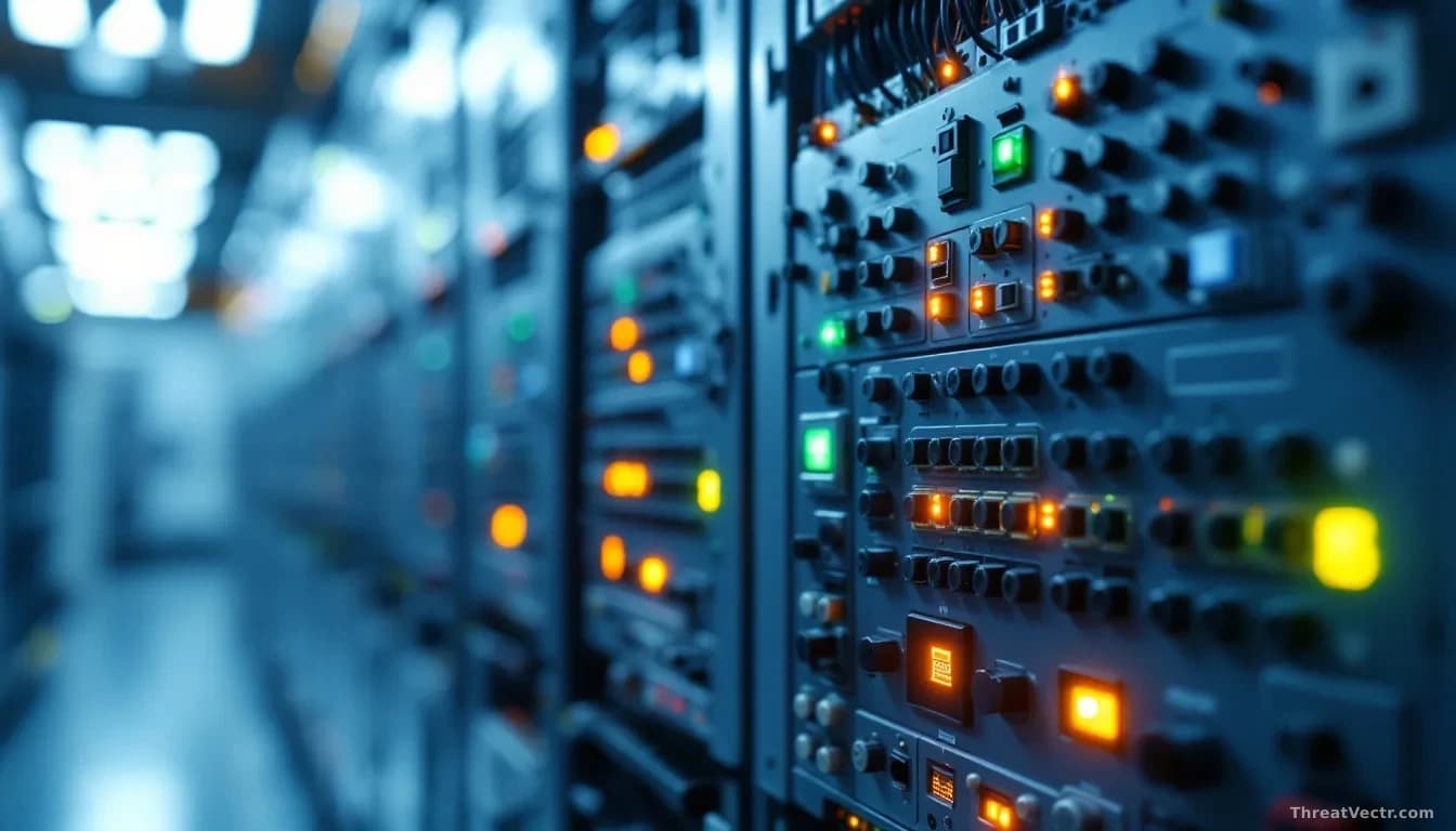Illustration: a modern industrial control cabinet, rows of grey programmable logic controllers with status LEDs glowing