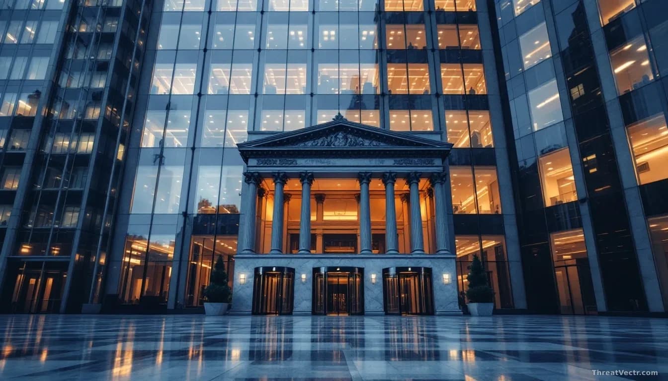 Illustration: A grand neoclassical office building at dusk, its glass facade reflecting an overcast sky