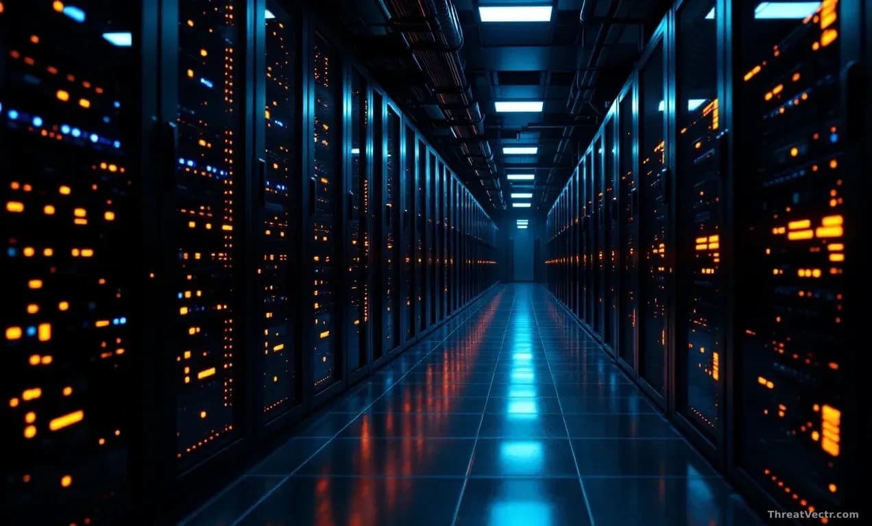 Illustration: A server room corridor at night, rows of rack-mounted servers with blinking amber and red status lights