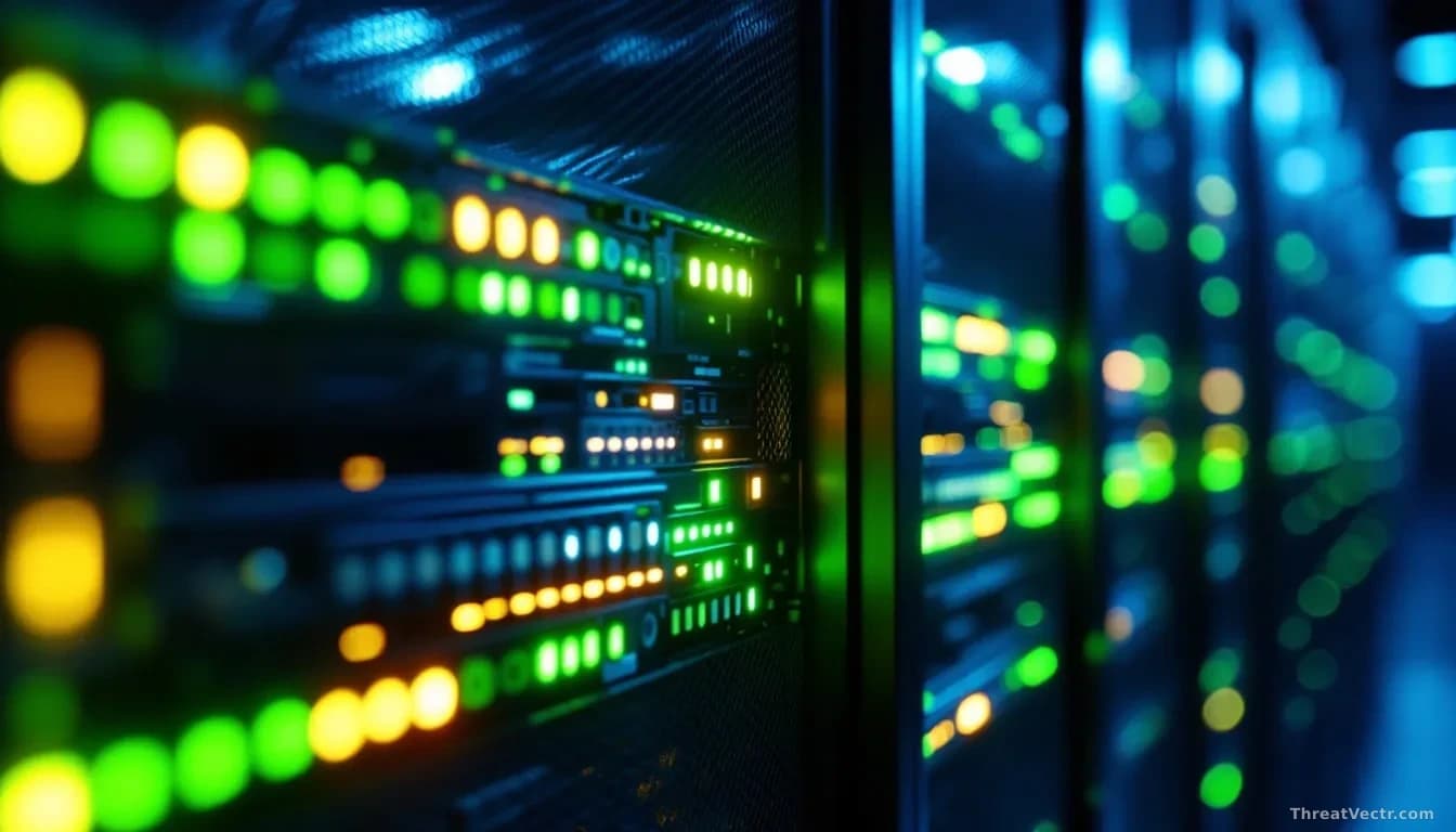 Illustration: a dimly lit server rack with glowing green and amber status LEDs