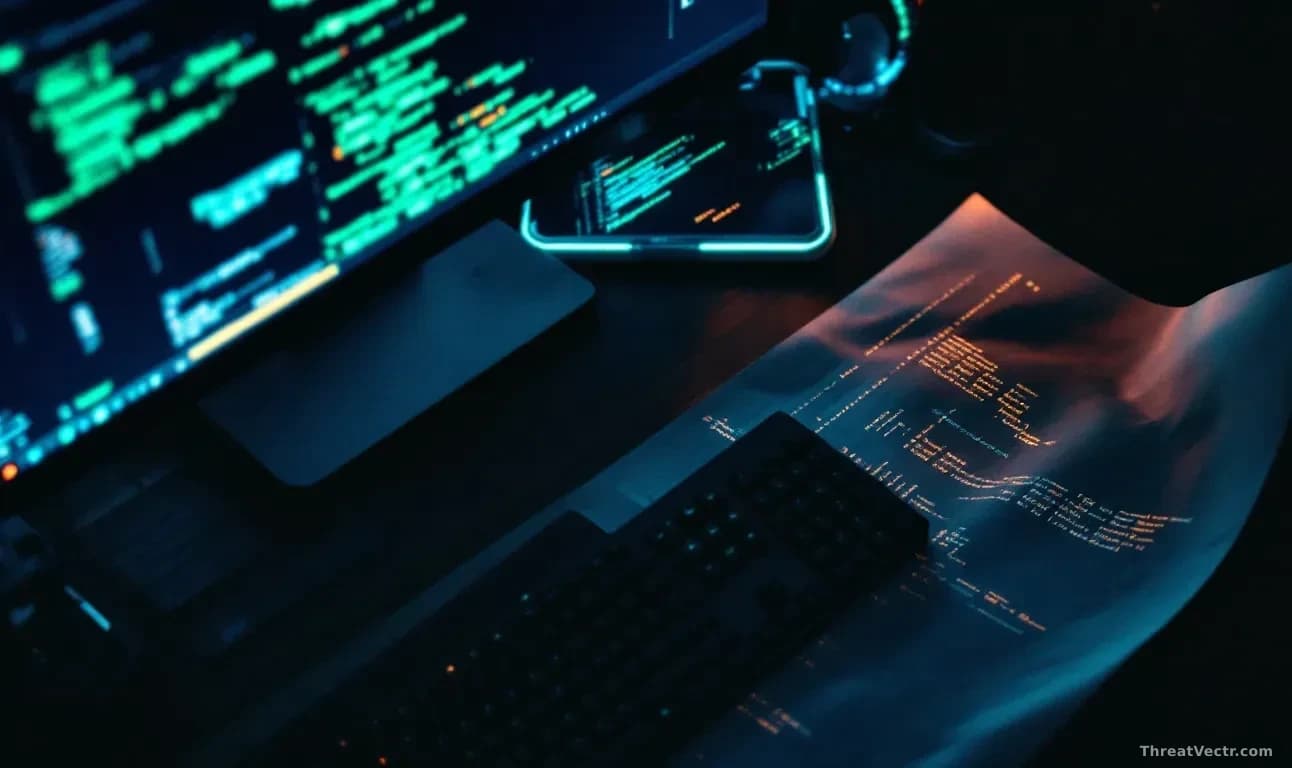 Illustration: a developer workstation at night: a dark keyboard, a sheet of EPS printout curling at the edges