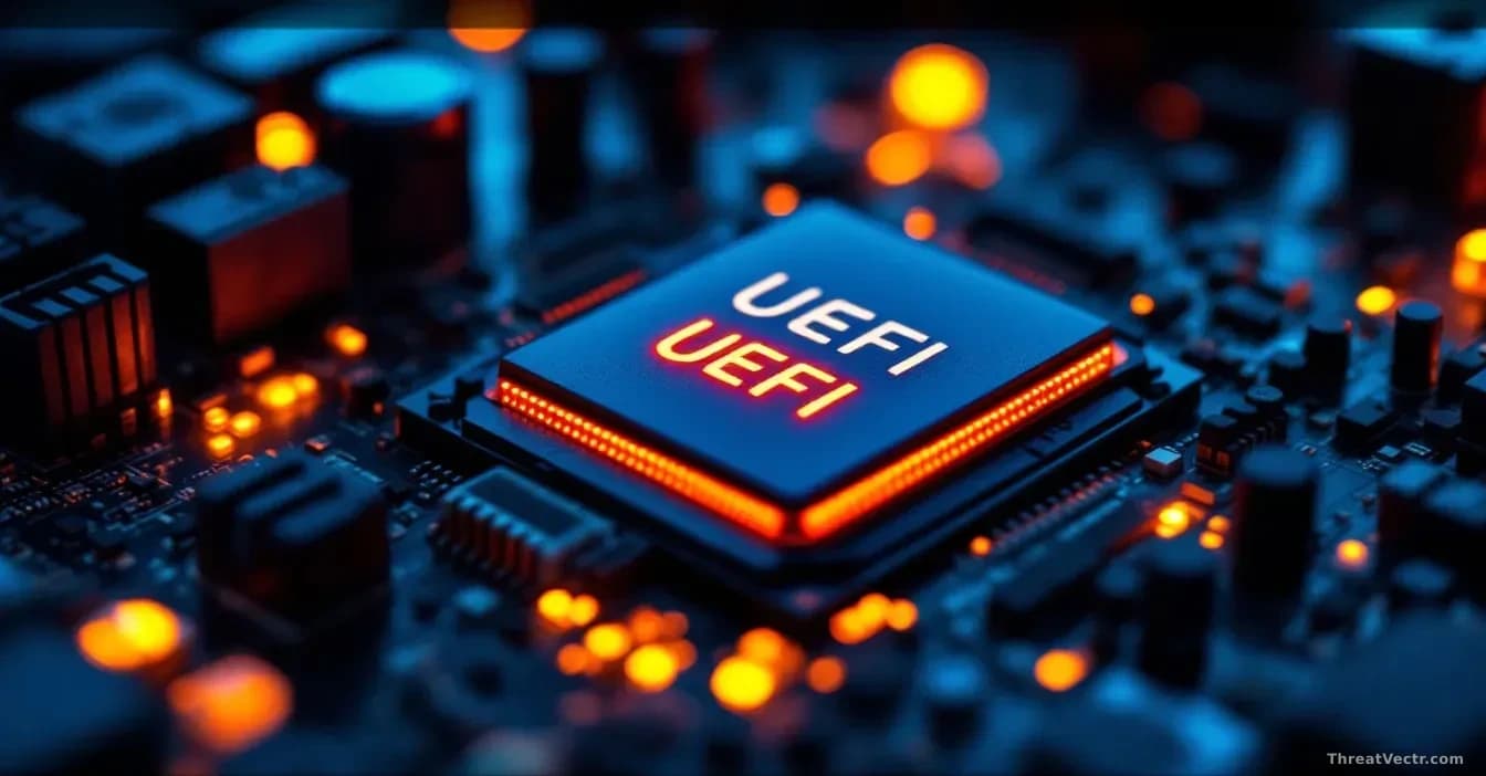 Illustration: a motherboard with a glowing UEFI firmware chip, cool blue and amber light