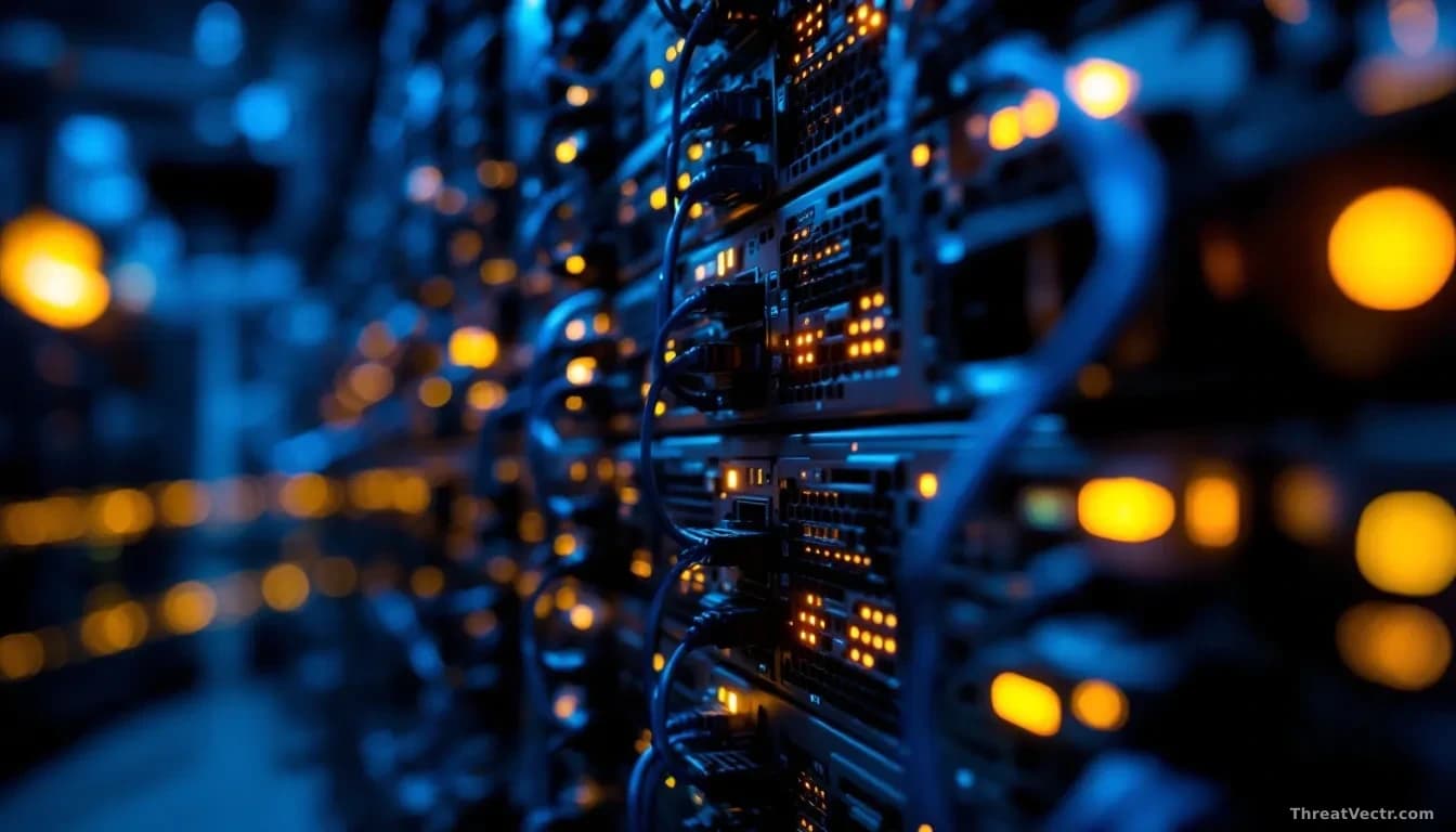 Illustration: a dimly lit server rack in a corporate data centre