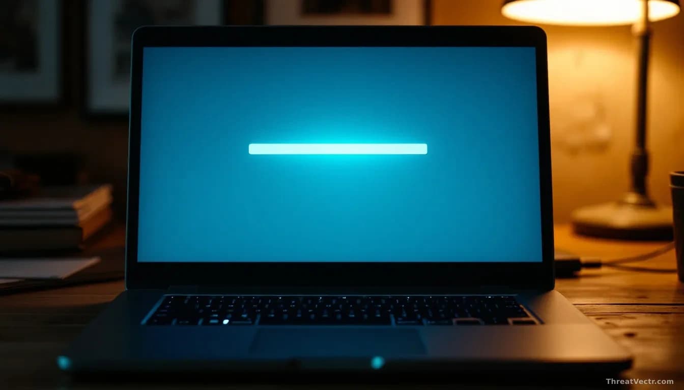 Illustration: an old dusty laptop open on a wooden desk, screen glowing with a generic blue software update progress bar