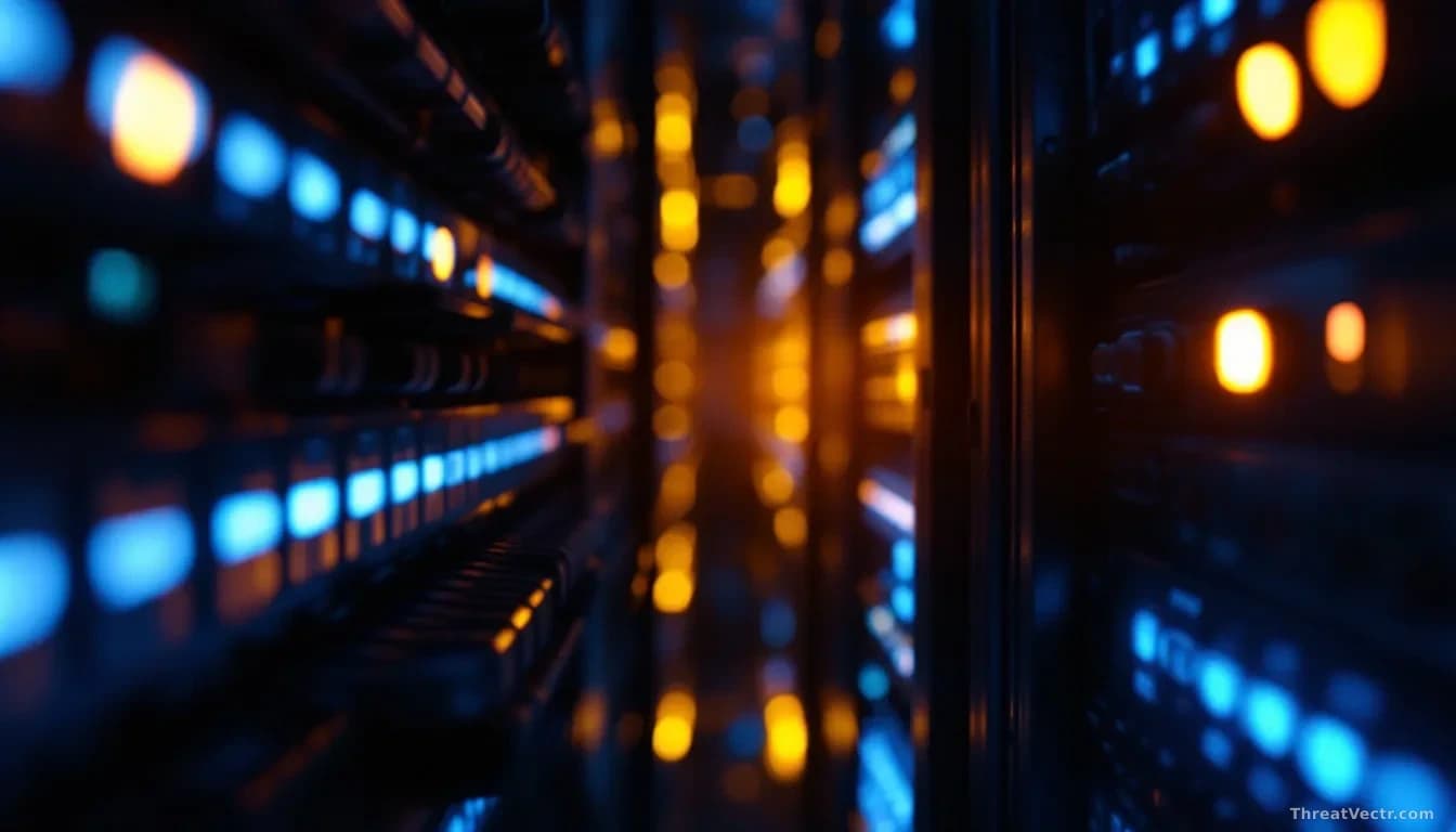 Illustration: a glowing server rack in a dark data centre, cables running in dense bundles between units