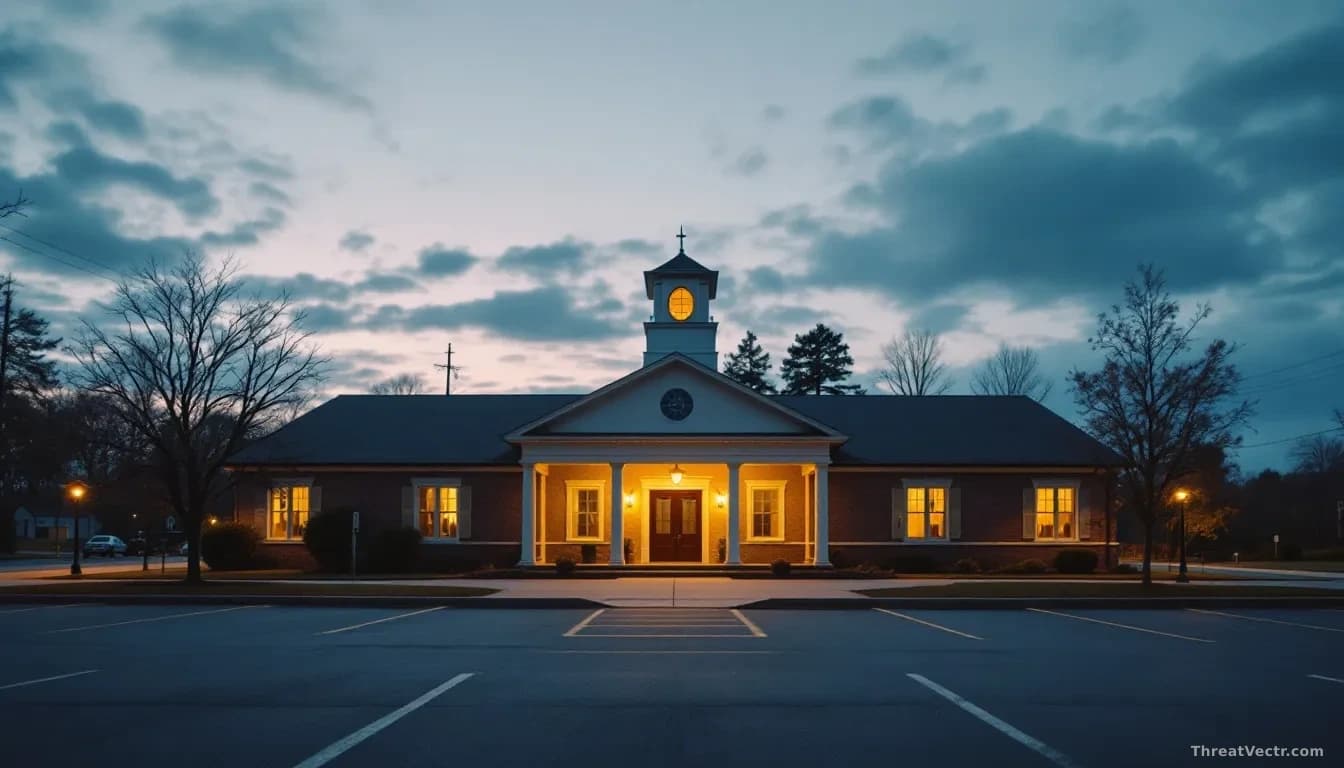 Illustration: a small American town hall or municipal building at dusk, warm interior lights visible through windows