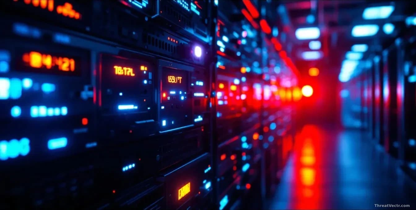 Illustration: A dimly lit server room with rows of blinking hardware, bathed in cool blue and amber warning lights
