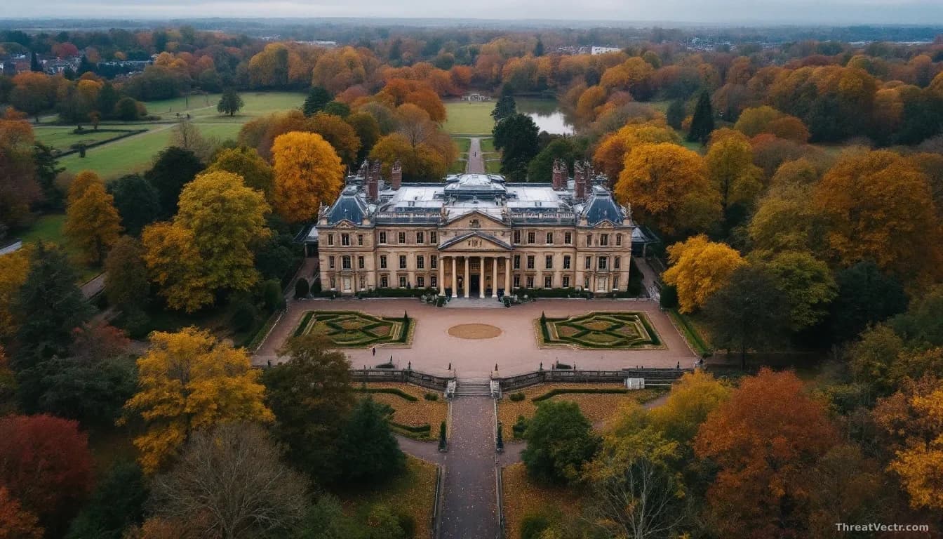 Illustration: a grand English baroque stately home surrounded by formal gardens and parkland in autumn