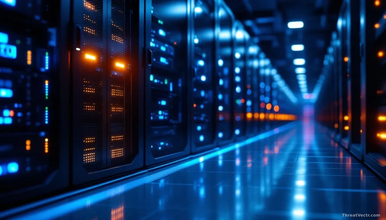 Illustration: a dimly lit server rack in a government data centre, amber warning light glowing on one unit