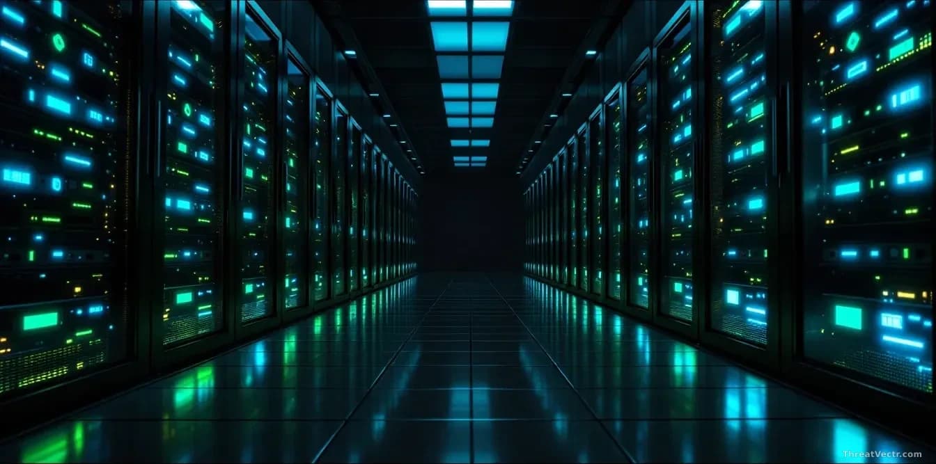 Illustration: A dimly lit server room with long rows of glowing rack-mounted servers