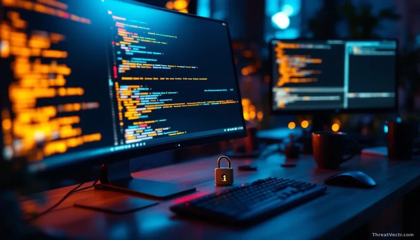 Illustration: a developer workstation at night, two monitors glowing with abstract code and a terminal window